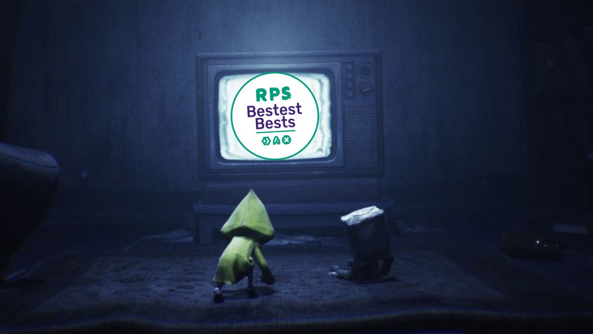 Six and Mono crouch in front of an old CRT TV screen, which is showing the RPS Bestest Best sticker, because their game has been awarded said title.